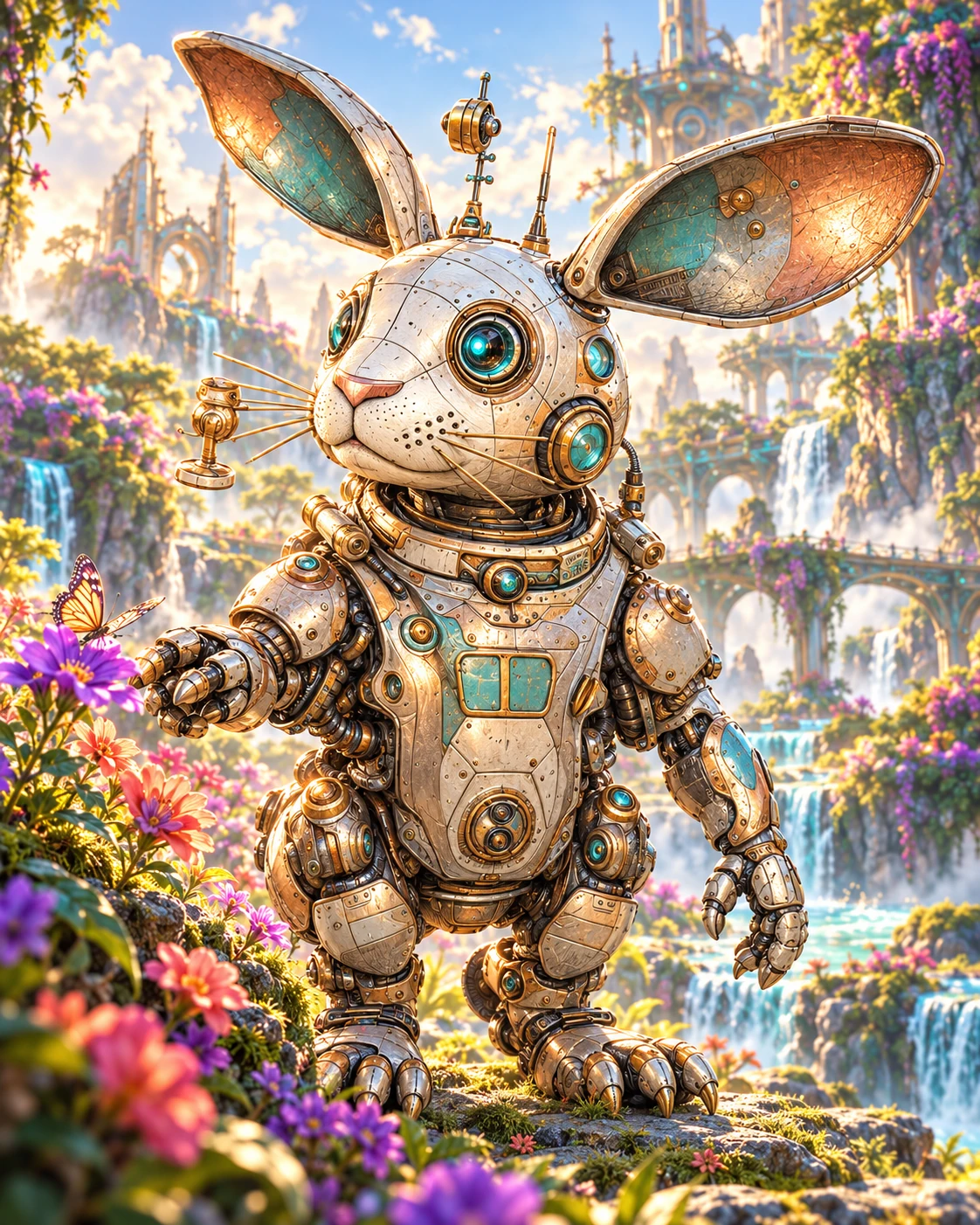 New website illustration of the mechanical Cottontail exploring a sunny flower garden, based on the original coloring page