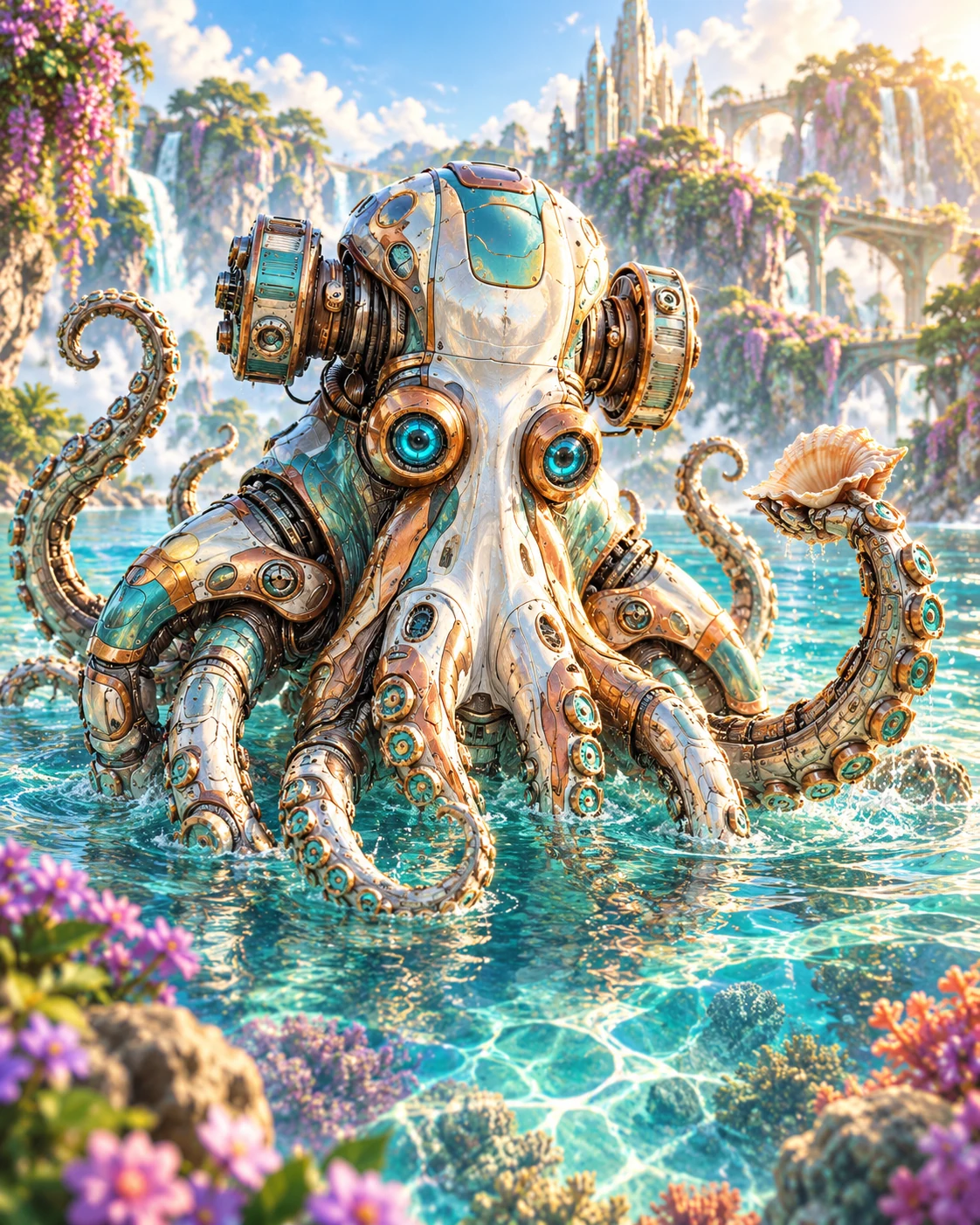 New website illustration of the mechanical Octopus in a bright turquoise lagoon, based on the original coloring page