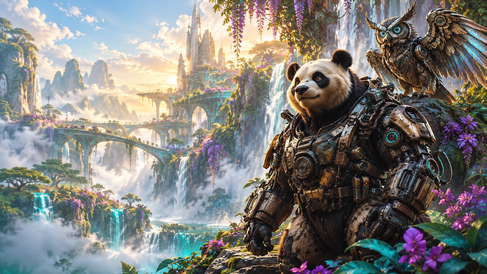 New website illustration based on the original Panda and Owl cover designs, exploring a colorful mechanical garden